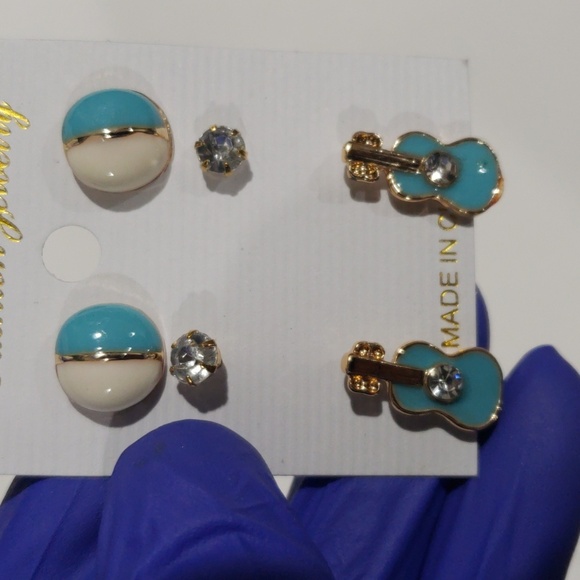 Gold Tone Blue & White Enamel Ball, Guitar, Crystal Stud Earrings Set - Women's - Picture 7 of 8